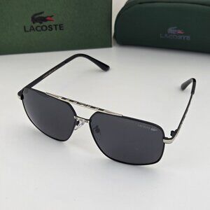 Lacoste Polarized Metal Aviator Sunglasses Black-Silver Frame Smoke Lens LC16